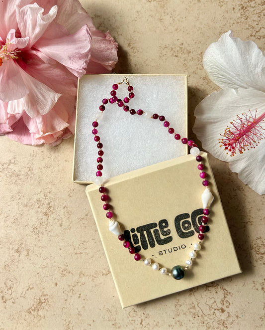 16" Pink Rose Tigers Eye & Tahitian Pearl Neck'lei