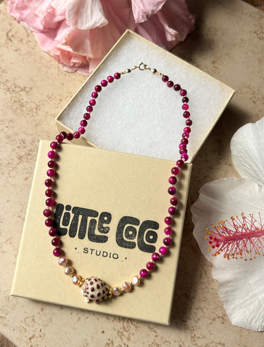 15" Pink Rose Tigers Eye & Spotted Drupe Neck'lei
